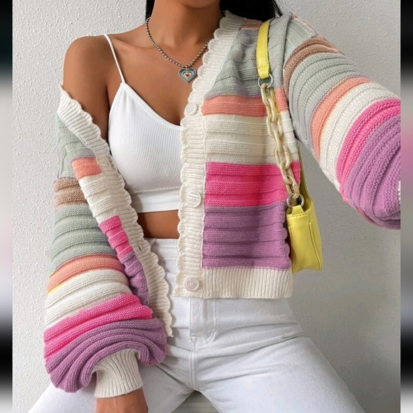 Colorblock Scallop Trim Drop Shoulder Cardigan,Long Sleeve Tops - Picture 1 of 4